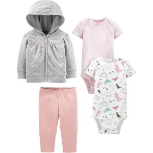 imageSimple Joys by Carters Baby Girls 4Piece Jacket Pant and Bodysuit SetGrey DotsLight PinkPink StripeWhite Dinosaur
