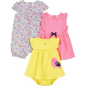 imageSimple Joys by Carters babygirls 3pack Romper Sunsuit and DressPink DotsWhite FloralYellow Bird