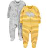 imageSimple Joys by Carters Baby Boys 2Way Zip Thermal Footed Sleep and Play Pack of 2Grey CowYellow Hippo