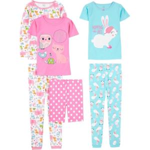 imageSimple Joys by Carters Babies Toddlers and Girls 6Piece SnugFit Cotton Pajama Set Pack of 3Blue BunnyPink DotsWhite Forest Animals