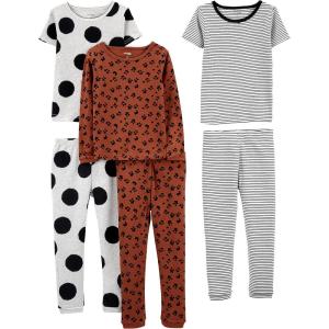 imageSimple Joys by Carters Babies Toddlers and Girls 6Piece SnugFit Cotton Pajama Set Pack of 3Brown Animal PrintGrey Polka DotWhite Stripe