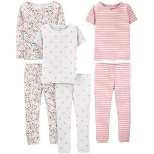 imageSimple Joys by Carters Babies Toddlers and Girls 6Piece SnugFit Cotton Pajama Set Pack of 3Grey DotsPink StripeWhite Ditsy Floral