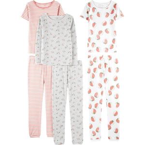 imageSimple Joys by Carters Babies Toddlers and Girls 6Piece SnugFit Cotton Pajama Set Pack of 3Grey FloralPink StripeWhite Strawberry