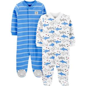 imageSimple Joys by Carters Baby Boys 2Way Zip Thermal Footed Sleep and Play Pack of 2Blue StripeWhite Sharks