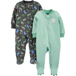 imageSimple Joys by Carters Baby Boys 2Way Zip Thermal Footed Sleep and Play Pack of 2Dark Grey DinosaurMint Green Stripe