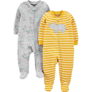 imageSimple Joys by Carters Baby Boys 2Way Zip Thermal Footed Sleep and Play Pack of 2Grey CowYellow Hippo
