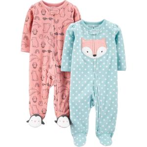 imageSimple Joys by Carters Baby Girls Cotton and Fleece Footed Sleep and Play Pack of 2Blue FoxPeach Animal