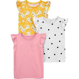 imageSimple Joys by Carters Girls ShortSleeve Shirts and Tops Pack of 3Grey Polka DotPinkYellow Flowers
