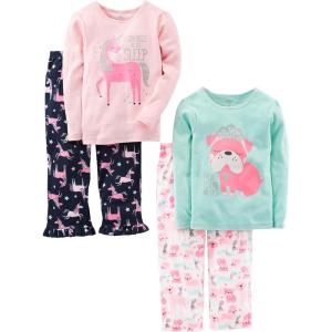 imageSimple Joys by Carters babygirls 4piece Pajama Set Cotton Top ampamp Fleece BottomMint Green PuppyNavyPink UnicornWhite Dogs
