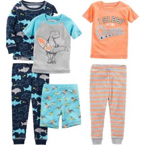 imageSimple Joys by Carters girls 6piece Snug Fit Cotton Pajama SetDinosaurSharkStripeSurfer