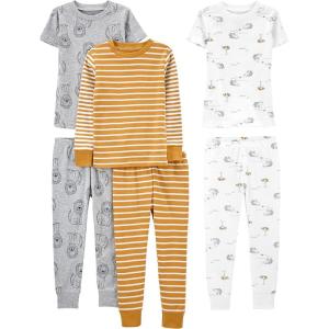 imageSimple Joys by Carters girls 6piece Snug Fit Cotton Pajama SetGold StripeGrey LionWhite Animal