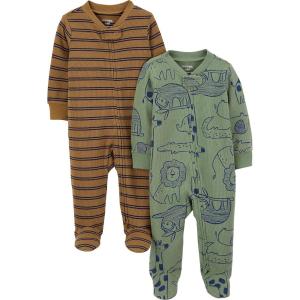 imageSimple Joys by Carters babyboys 2pack 2way Zip Cotton Footed Sleep and PlayBrown Double StripeOlive Forest Animals