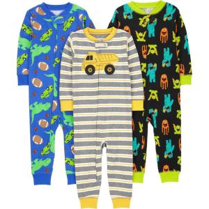 imageSimple Joys by Carters babyboys 3pack Snug Fit Footless Cotton PajamasBlack MonsterBlue DinosaurGrey Stripe