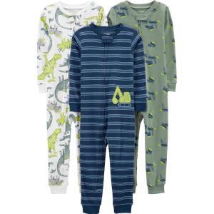 imageSimple Joys by Carters babyboys 3pack Snug Fit Footless Cotton PajamasBlue StripeGreen TrucksWhite Dinosaur
