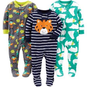 image:imageSimple Joys by Carters babyboys LooseFit Flame Resistant Fleece Footed PajamasCharcoal SuperheroGreen Polar BearNavy Tiger