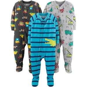 image:imageSimple Joys by Carters babyboys LooseFit Polyester Jersey Footed PajamasBlue AlligatorDark Grey Fun FoodGrey Trucks
