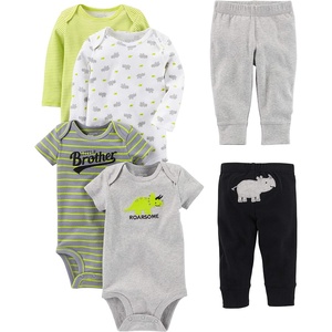 image:imageSimple Joys by Carters Baby 6piece Bodysuits Short and Long Sleeve and Pants SetMulticolorDinosaurRhinoStripeText Print