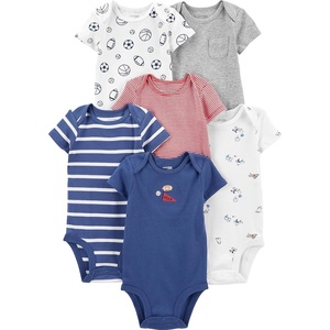 image:imageSimple Joys by Carters Baby Boys 6Pack ShortSleeve BodysuitMulticolorDogsMini StripeSports Pack