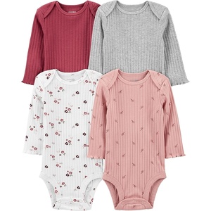 image:imageSimple Joys by Carters Baby Girls 4pack Longsleeve Textured BodysuitsDusty PinkGreyLight BurgundyWhite Floral