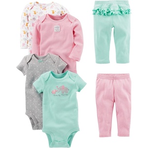 image:imageSimple Joys by Carters Baby Girls 6piece Bodysuits Short and Long Sleeve and Pants SetAqua Green ElephantGrey DotsPink StripeWhite Forest Animals
