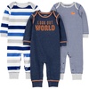 image:imageSimple Joys by Carters Baby Boys 3pack JumpsuitsGrey Heather Rugby StripeNavy Text PrintWhite Stripe