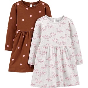 image:imageSimple Joys by Carters Girls 2Pack LongSleeve Dress SetBrown DotsGrey Heather Fox