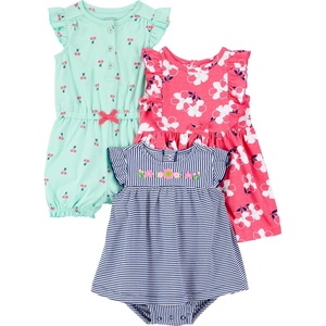 image:imageSimple Joys by Carters Baby Girls 3pack Romper Sunsuit and DressMint Green CherryNavy StripePink Floral