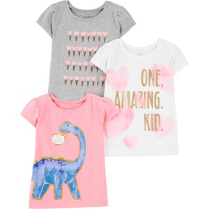 image:imageSimple Joys by Carters BabyGirls 2Pack ShortSleeve Tee ShirtsGrey HeartsPink DinosaurWhite Text Print