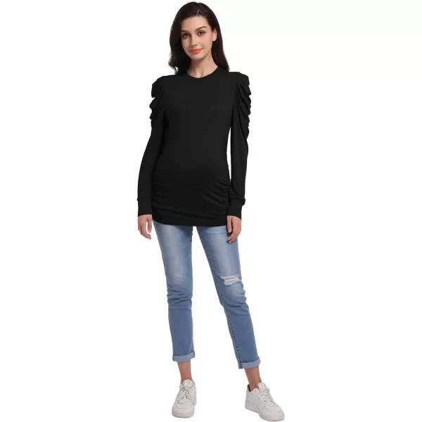 Foucome Women's Maternity Shirts Crew Neck Puff Sleeve Pullover Sweatshirt Side Ruched Trendy Pregnancy Tops