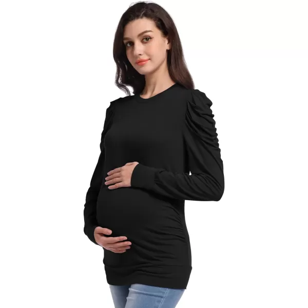 Foucome Women's Maternity Shirts Crew Neck Puff Sleeve Pullover Sweatshirt Side Ruched Trendy Pregnancy Tops