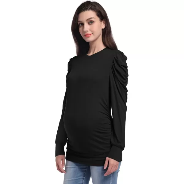 Foucome Women's Maternity Shirts Crew Neck Puff Sleeve Pullover Sweatshirt Side Ruched Trendy Pregnancy Tops