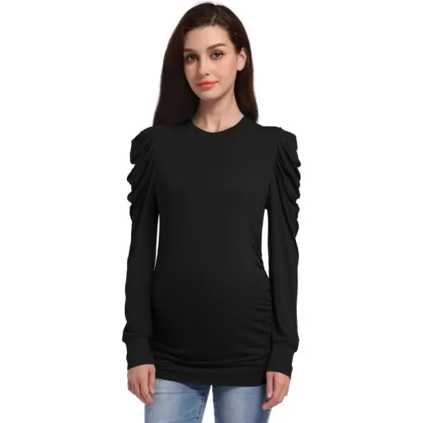 Foucome Women's Maternity Shirts Crew Neck Puff Sleeve Pullover Sweatshirt Side Ruched Trendy Pregnancy Tops