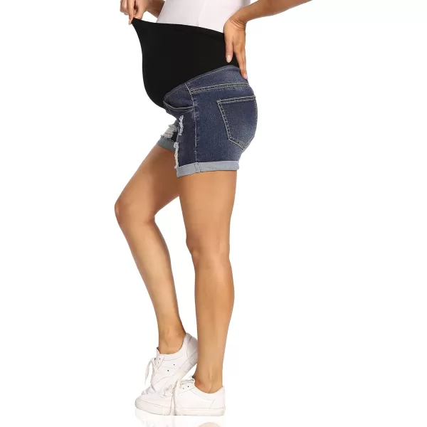 Foucome Maternity Denim Shorts Over Bump Ripped Distressed Folded Hem Blue Jean Shorts Comfy Summer Pregnancy Shorts