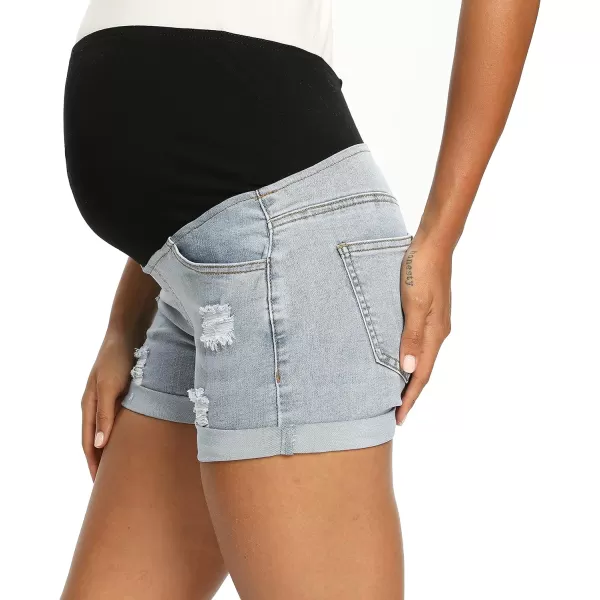 Foucome Maternity Denim Shorts Over Bump Ripped Distressed Folded Hem Blue Jean Shorts Comfy Summer Pregnancy Shorts