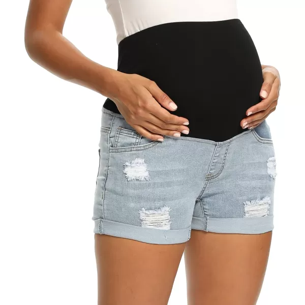 Foucome Maternity Denim Shorts Over Bump Ripped Distressed Folded Hem Blue Jean Shorts Comfy Summer Pregnancy Shorts