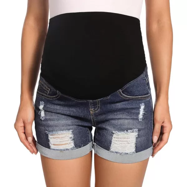 Foucome Maternity Denim Shorts Over Bump Ripped Distressed Folded Hem Blue Jean Shorts Comfy Summer Pregnancy Shorts
