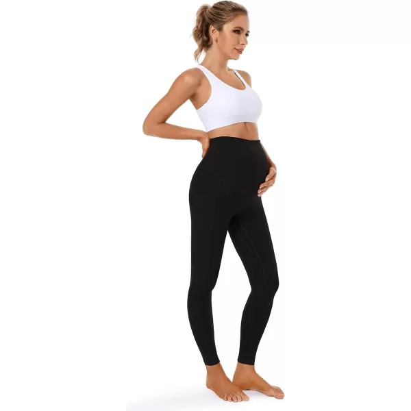 Foucome Womens Maternity Leggings with Pockets Over The Belly Pregnancy Workout Leggings Stretch Soft Athletic Yoga Pants2pack Black