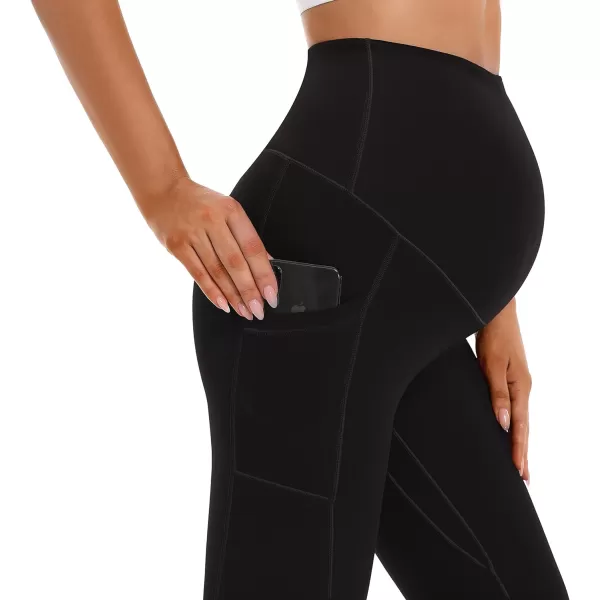 Foucome Womens Maternity Leggings with Pockets Over The Belly Pregnancy Workout Leggings Stretch Soft Athletic Yoga Pants2pack Black