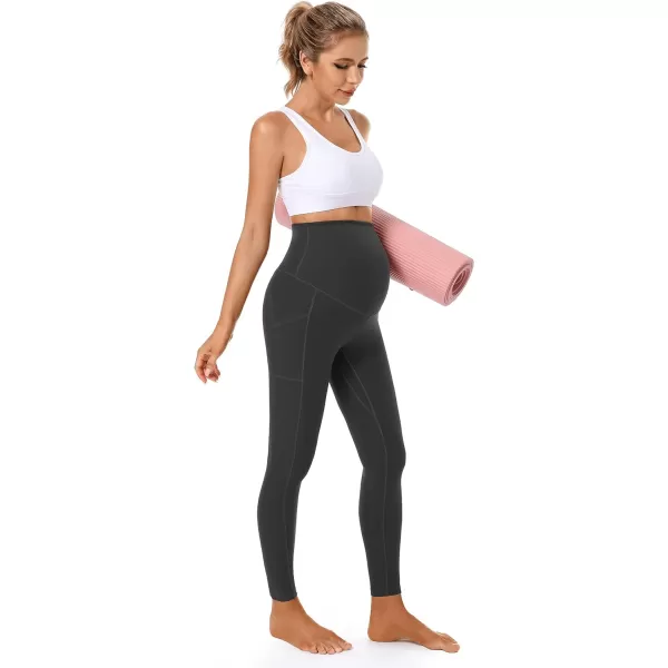 Foucome Womens Maternity Leggings with Pockets Over The Belly Pregnancy Workout Leggings Stretch Soft Athletic Yoga Pants2pack  Blackgrey