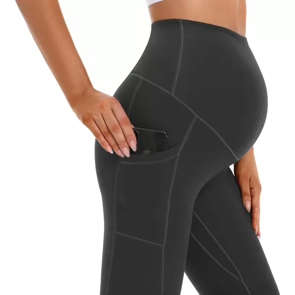 Foucome Womens Maternity Leggings with Pockets Over The Belly Pregnancy Workout Leggings Stretch Soft Athletic Yoga Pants2pack  Blackgrey