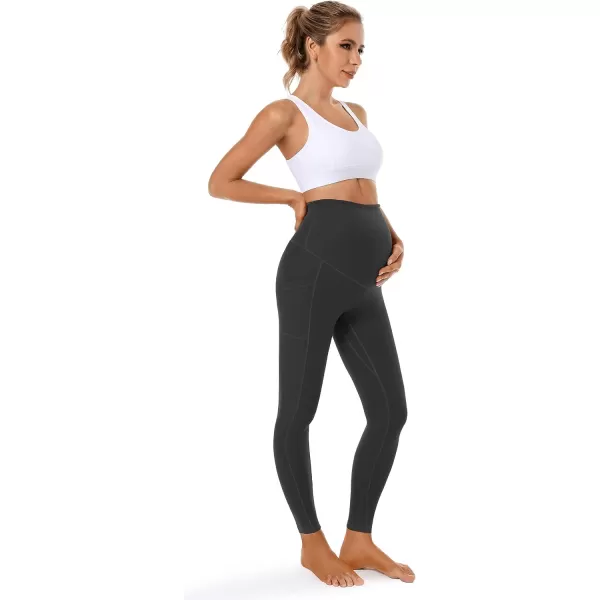 Foucome Womens Maternity Leggings with Pockets Over The Belly Pregnancy Workout Leggings Stretch Soft Athletic Yoga Pants2pack  Blackgrey
