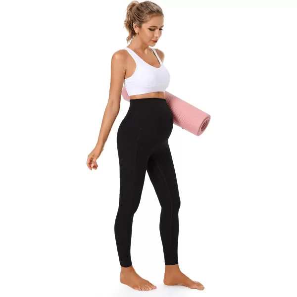 Foucome Womens Maternity Leggings with Pockets Over The Belly Pregnancy Workout Leggings Stretch Soft Athletic Yoga PantsBlack