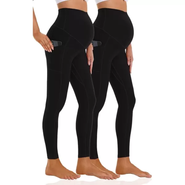Foucome Womens Maternity Leggings with Pockets Over The Belly Pregnancy Workout Leggings Stretch Soft Athletic Yoga Pants2pack Black