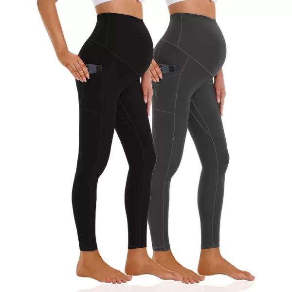 Foucome Womens Maternity Leggings with Pockets Over The Belly Pregnancy Workout Leggings Stretch Soft Athletic Yoga Pants2pack  Blackgrey