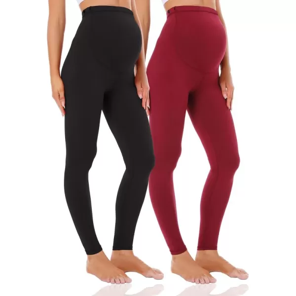 Foucome Womens Maternity Leggings Over The Belly Pregnancy Active Workout Yoga Tights Pants2pack  Blackwine Red