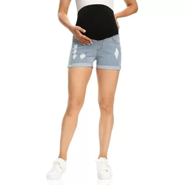 imageFoucome Maternity Denim Shorts Over Bump Ripped Distressed Folded Hem Blue Jean Shorts Comfy Summer Pregnancy Shorts135 Blue