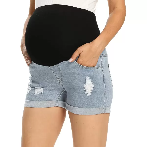 imageFoucome Maternity Denim Shorts Over Bump Ripped Distressed Folded Hem Blue Jean Shorts Comfy Summer Pregnancy Shorts135 Blue
