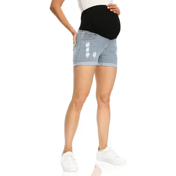imageFoucome Maternity Denim Shorts Over Bump Ripped Distressed Folded Hem Blue Jean Shorts Comfy Summer Pregnancy Shorts135 Blue