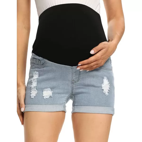 imageFoucome Maternity Denim Shorts Over Bump Ripped Distressed Folded Hem Blue Jean Shorts Comfy Summer Pregnancy Shorts135 Blue
