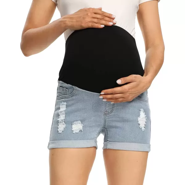 imageFoucome Maternity Denim Shorts Over Bump Ripped Distressed Folded Hem Blue Jean Shorts Comfy Summer Pregnancy Shorts135 Blue
